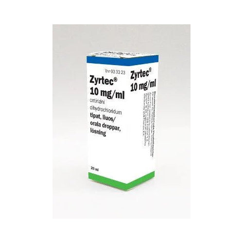 Kuvassa Zyrtec 10 mg/ml Tipat Liuos allergialääkettä, joka hoitaa nuhaa, silmäoireita ja urtikariaa lapsille ja aikuisille